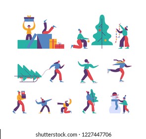 Vector winter season set including various Christmas holidays outdoor activities. Modern characters design. People decorating xmas tree, a man carrying gift boxes, children playing snowballs, a couple