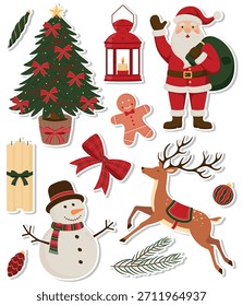 Vector winter season sticker pack. Christmas festive symbols and design elements - Christmas tree, lantern, Santa Claus, candles, gingerbread cookie, bow, snowman, reindeer, spruce branch and tree ornaments.