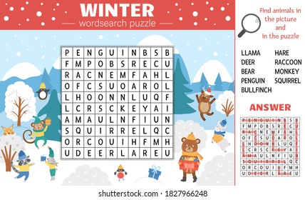 Vector winter season word search puzzle for kids. Simple crossword with Christmas scene and hiding animals for children. Educational keyword activity with cute funny animals in warm clothes
