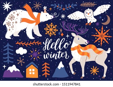 Vector winter set of arctic animals and landscape elements. Scrapbook collection with polar bear, reindeer and arctic owl. Holiday poster with mountain, fir trees, house, moon snowflakes and stars.