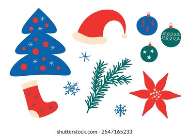 Vector winter set with Christmas tree, glass New Year toys, spruce branch, Santa Claus hat, snowflakes, Christmas flower Poinsettia, gift sock on isolated background. Design for card, print, flyer