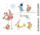 Vector winter set with cute cartoon birdies in knitted caps.