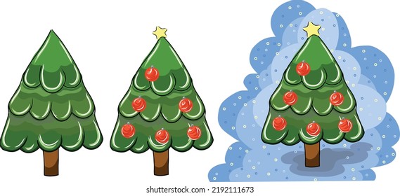 Vector invernal de bonitos árboles de navidad. conjunto vectorial de árboles de Navidad.  Pinos vectores dibujados a mano en la nieve con decoraciones y una estrella. Impresión de año nuevo vector lindo.
