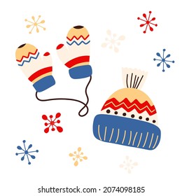 Vector winter set of elements, with knitted warm hat, mittens and snowflakes in cartoon style. Christmas elements for decor, stickers, postcards.