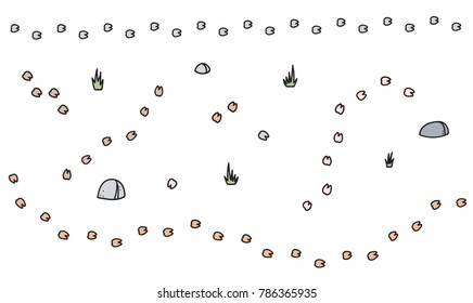Vector winter set of lama trail, plant, stone. Hand drawn cartoon illustrations. Hoof footprint.