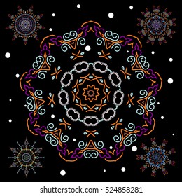 Vector winter set on a black background with orange and violet snowflakes and dots. Can be used for textile, parer, scrapbooking, wrapping, web and print design.