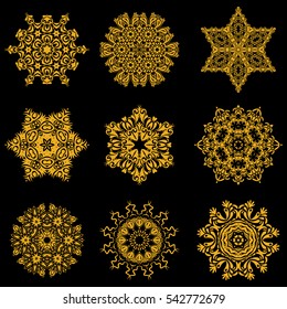 Vector winter set on a black background with yellow snowflakes and dots. Can be used for textile, parer, scrapbooking, wrapping, web and print design.