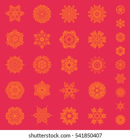 Vector winter set on a pink background with 29 snowflakes and dots. Can be used for textile, parer, scrapbooking, wrapping paper, web and print design.