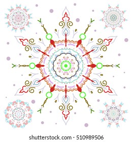 Vector winter set on a white background with green and red snowflakes and dots. Can be used for textile, parer, scrapbooking, wrapping, web and print design.