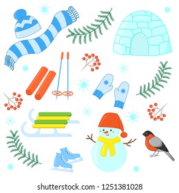 Vector winter set: snowman, bullfinch, mittens, hat, scarf, Christmas tree branches, Rowan, ice house, skates, skis, sled