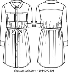 Vector Winter Shirt Dress Fashion CAD, Woman Long Sleeved Shirt Dress Technical Drawing, Dress With Pockets And Buttons Sketch, Flat, Template