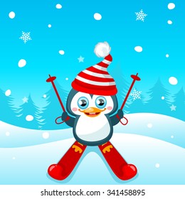 Vector winter skiing penguin