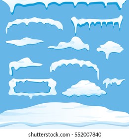 Vector Winter Snow Caps  Collection Isolated On Blue Background. Winter Ice Border Or Frame Set For Winter Banner Design