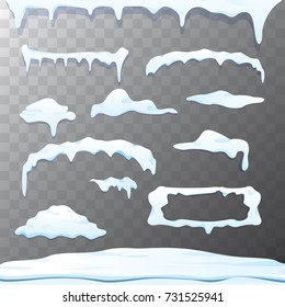 Vector Winter Snow Caps Collection Isolated On Transparent Background Background. Winter Ice Border Or Frame Set For Winter Banner Design