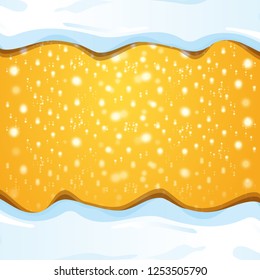 vector winter snow caps isolated on bright christmas orange background with flying lights and stars. winter snow border or frame for winter sale or christmas banner design
