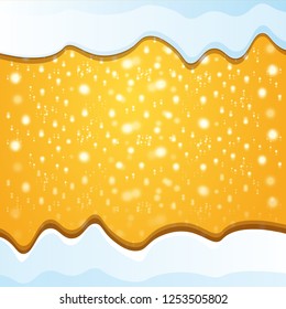 vector winter snow caps isolated on bright christmas orange background with flying lights and stars. winter snow border or frame for winter sale or christmas banner design