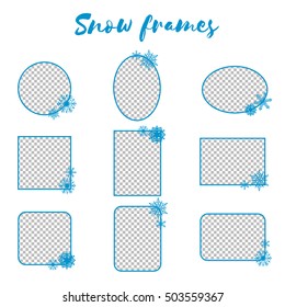 Vector winter snow frame with a transparent background. Blue Photo Frame with snowflakes. Round, square, oval border to insert a photo. Blank frame with a transparent background with ice cold