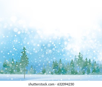 Vector  winter  snow scene with forest background. 