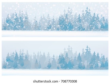 Vector  winter  snow scenes with forest background. 