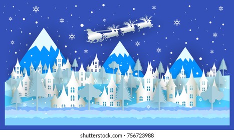 Vector Winter Snow Urban Countryside Landscape City Village.paper art style