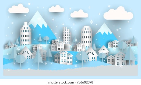 Vector Winter snow is visible to the iceberg as the background.paper art style