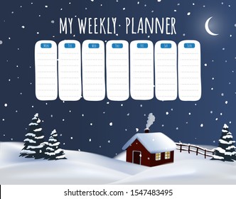 Vector winter snowfall night hand drawn weekly planner, schedule template. 