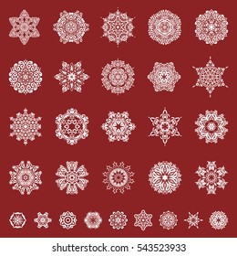Vector winter snowflake collection on a red background. Abstract set of 29 snowflakes with floral elements.