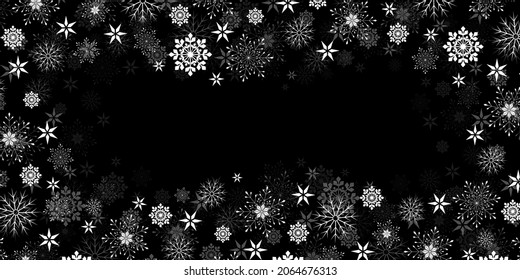 Vector. Los copos de nieve de invierno bordean el fondo de moda. El marco volando cerca de los copos de nieve muestra la ilustración del borde, la tarjeta o la pancarta con el marco disperso de copos de confeti, elementos nevados. Congelen el frío. Negro.