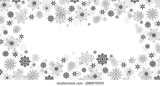 Vector. Los copos de nieve de invierno bordean el fondo de moda. El marco volando cerca de los copos de nieve muestra la ilustración del borde, la tarjeta o la pancarta con el marco disperso de copos de confeti, elementos nevados. Congelen el frío. Nieve negra.