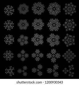 Vector winter snowflakes on black background in silver colors. Abstract set of 25 silver elements.