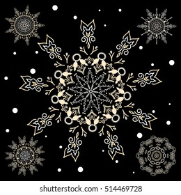 Vector winter snowflakes on black background in gray colors. Abstract set of floral elements.