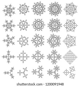 Vector winter snowflakes on white background in silver colors. Abstract set of 25 silver elements.