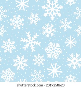 Vector Winter Snowflakes Seamless Pattern. Christmas hand drawn white snow print on blue background. New year Snowfall texture for print, wrapping paper, design, fabric, decor, gift, backgrounds.