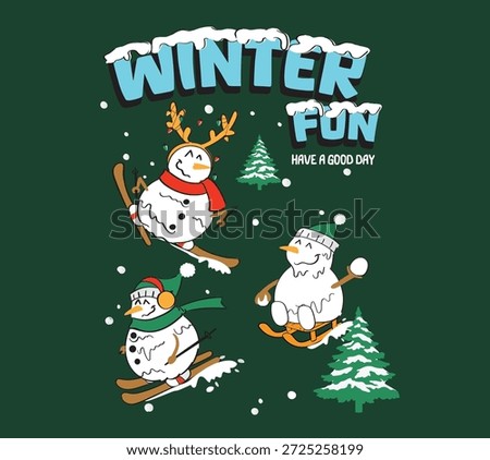 vector winter snowman illustration. cartoon snowman and sled print.