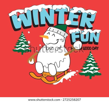 vector winter snowman illustration. cartoon snowman and sled print.