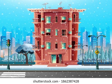 Vector winter snowy cartoon style modern multi-storey building, architecture in cartoon style all road covered in snow. Road crossing and school sign.