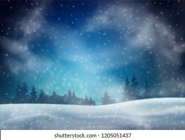 Vector winter snowy landscape. Christmas night background with snowfall