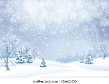 Vector winter snowy landscape. Christmas background with snowfall