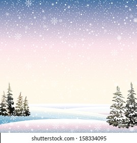 Vector of winter snowy landscape with forest.