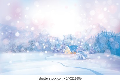 Vector of winter snowy landscape with house in forest.