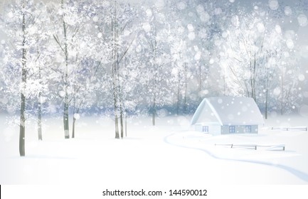 Vector of winter snowy landscape with house in forest.