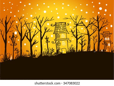 Vector of winter snowy landscape with house in forest