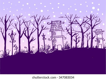Vector of winter snowy landscape with house in forest