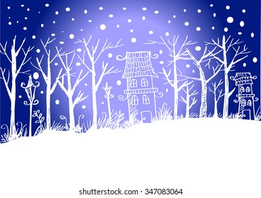 Vector of winter snowy landscape with house in forest