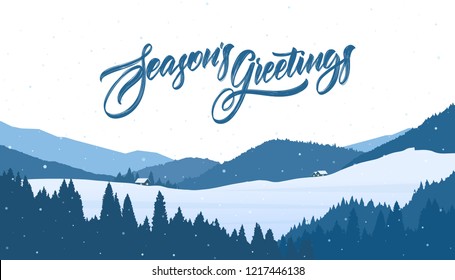 Vector Winter snowy mountains christmas landscape with cartoon houses and handwritten lettering of Season's Greetings.