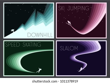 Vector Winter Sport Games 2018 Posters. Downhill, Ski Jumping, Speed Skating, Slalom