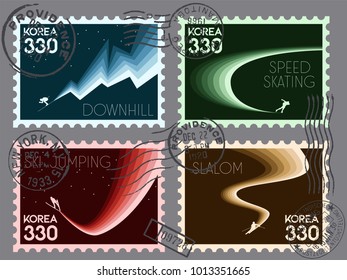 Vector Winter Sport Games 2018 South Korea Postage Stamps