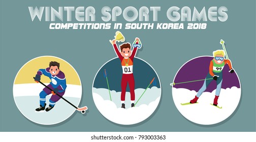Vector Winter Sport Games. Ice Hockey, Skiing and Winner Character Design