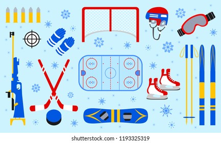 Vector winter sports equipment set. Skiing, ice hockey, snowboarding, biathlon, skating isolated icons. Blue snowflakes background. Flat style. Winter outdoors collection. sporting design elements