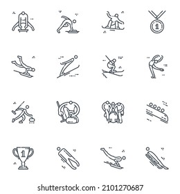 Vector  winter sports line icon set. Snowboard, skiing, figure skating, curling, ski jump, bobsleigh, luge, skeleton and other competition symbols isolated on transparent background.